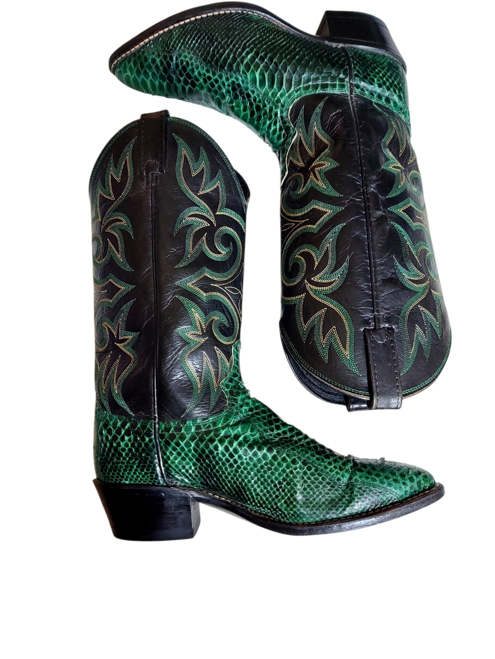 Dan Post Emerald Green Snakeskin Embossed Cowgirl Western Boots 8 Vintage - Picture 8 of 14